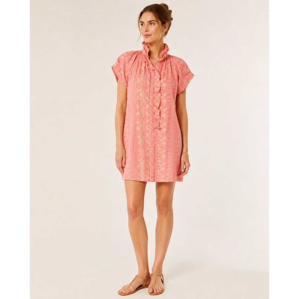 Finley Womens Pink Jacquard Ruffle Neck Shift Dress Size S Boho Coastal Summer